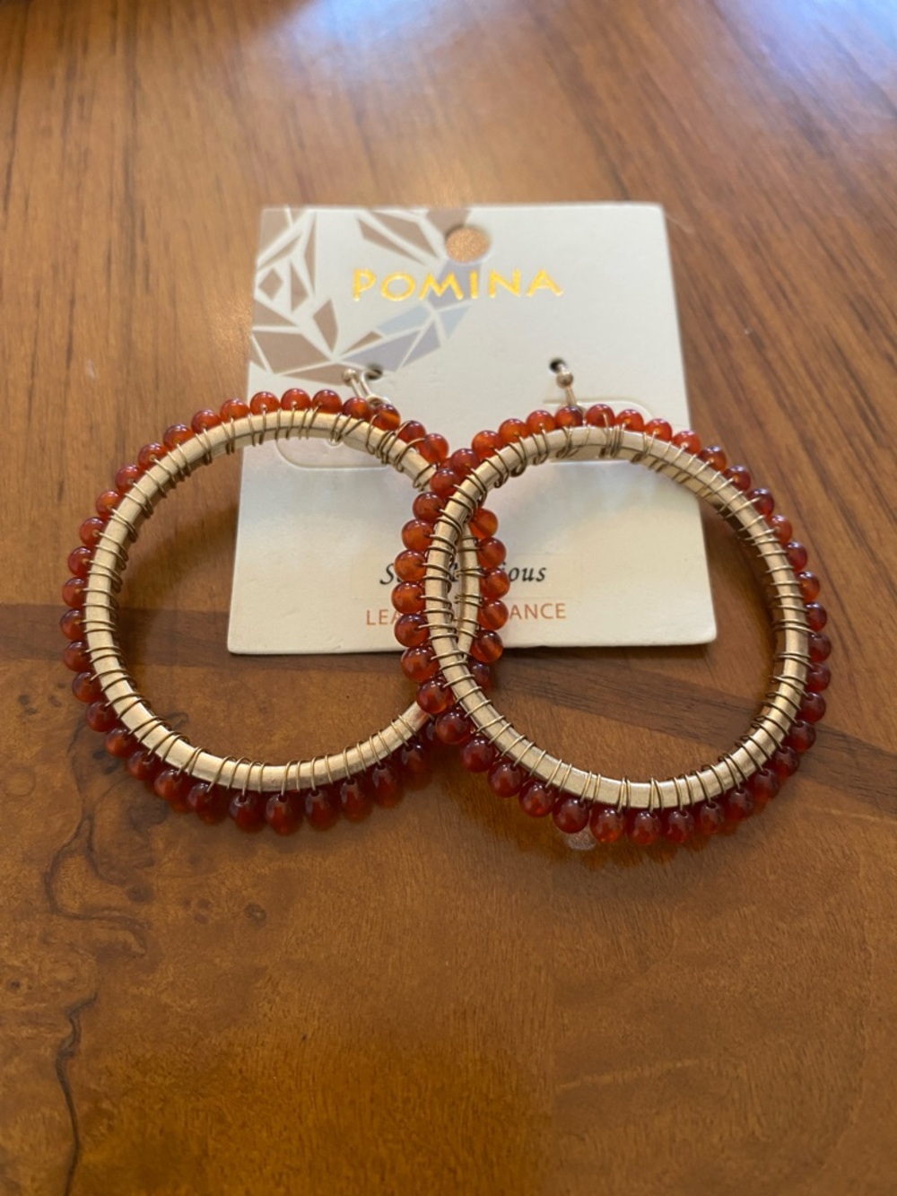 Pomina Red Beaded Hoop Earrings with Gold-Tone Wire